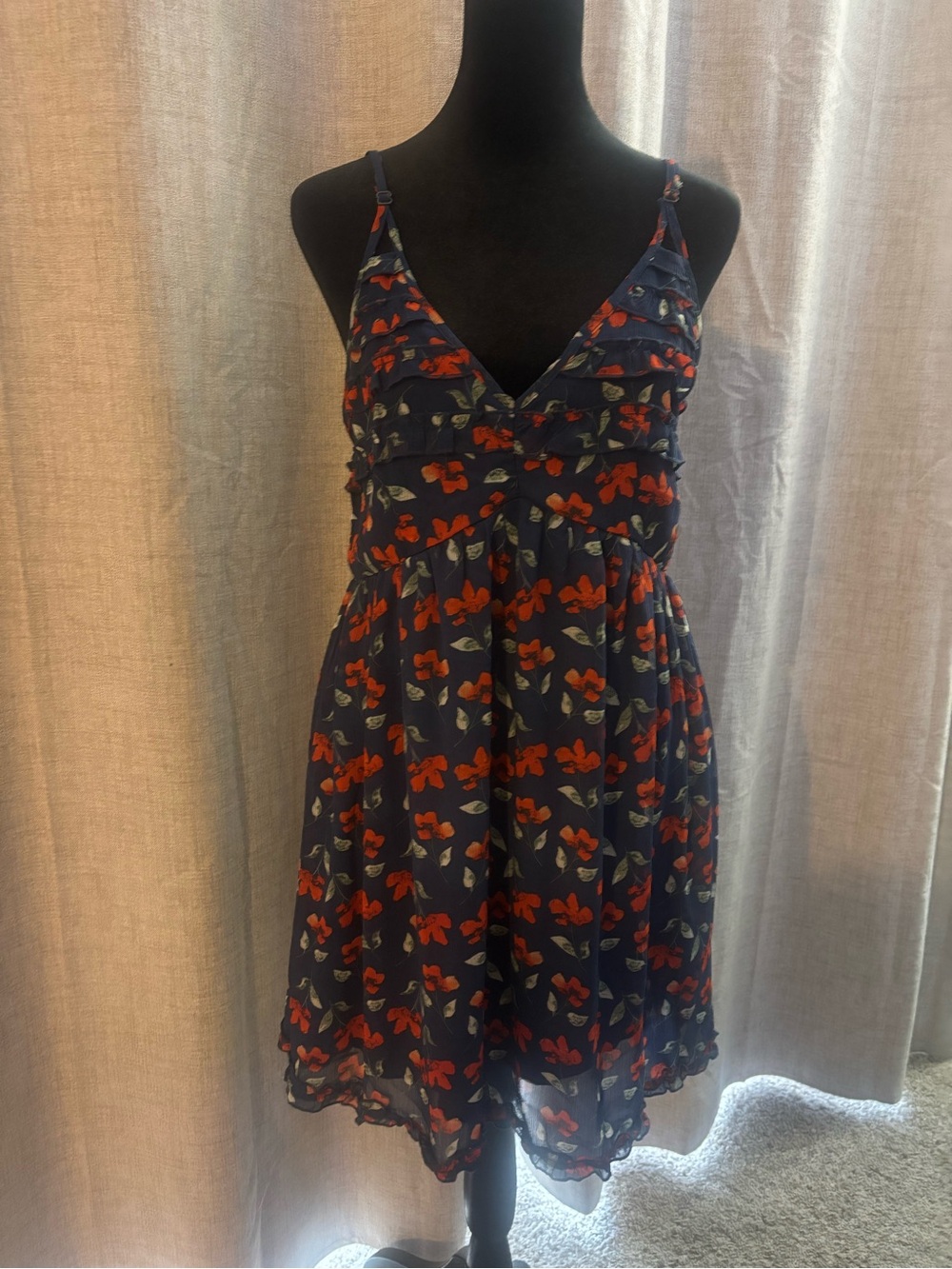 Trixxi Navy Spaghetti Strap Dress with Red Floral Print